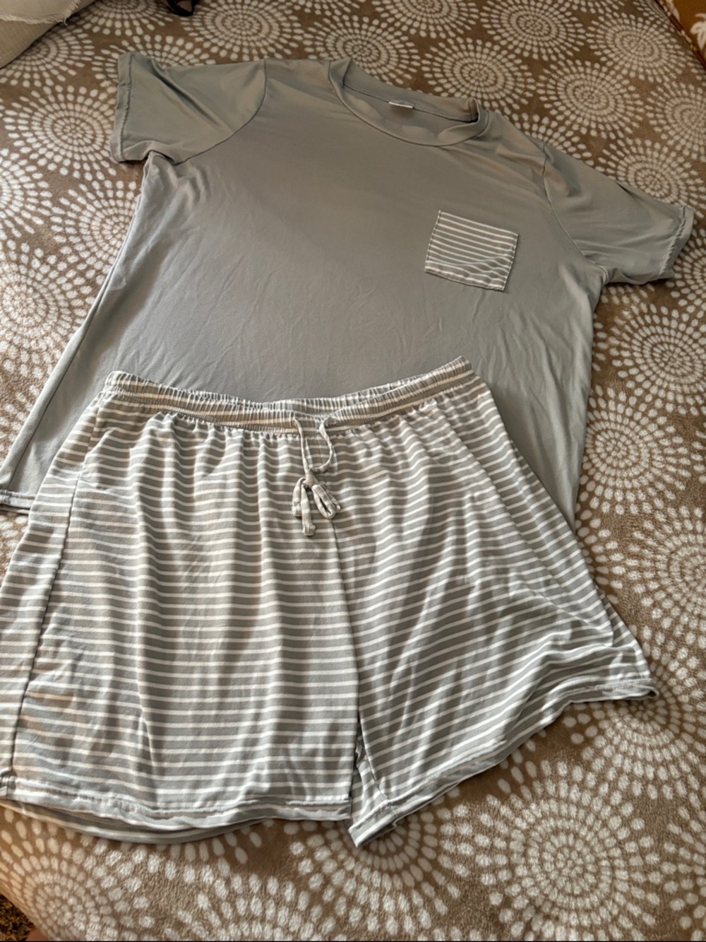Essentials Women's Gray Pocket Tee and Striped Shorts Sleep Set